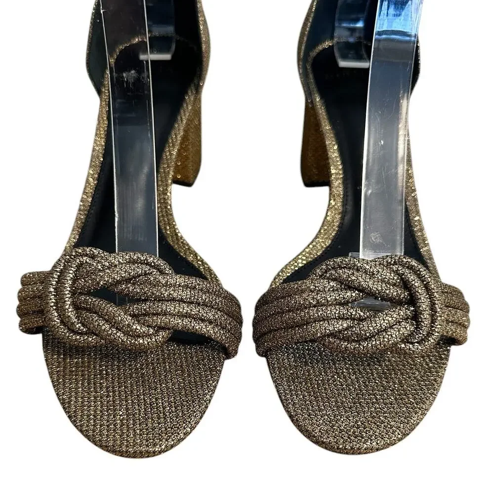 Alexandre Birman Vicky 60 Metallic Gold Bronze Knot Open Toe Block Heel EU 38